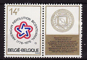 Бельгия, 1976, 200 лет США, 1 марка с купоном Бельгия, 1976, 200 лет США, 1 марка с купоном